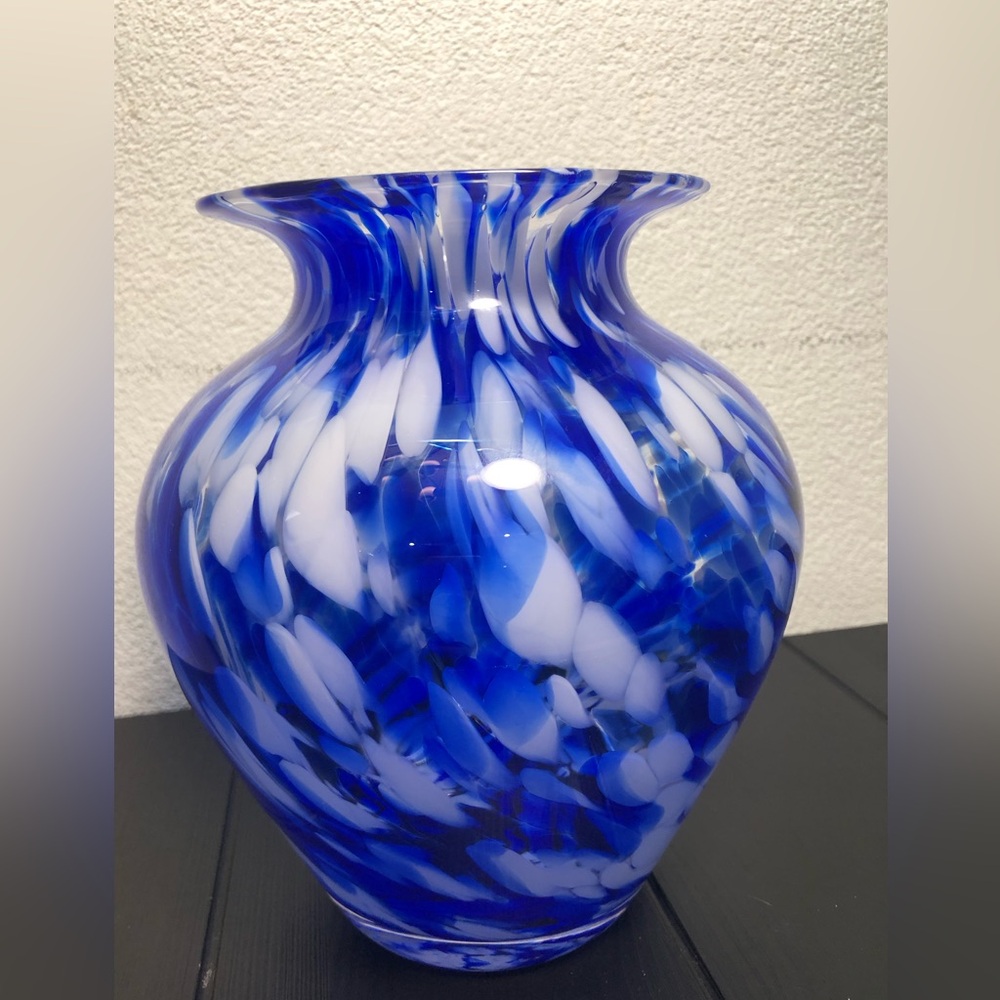 Blue and White Swirl Art Glass Vase